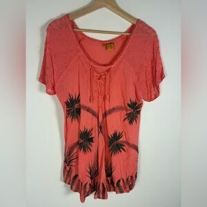 Sakkas Top XL Orange Floral Palm Embroidered Beachy Hawaiian